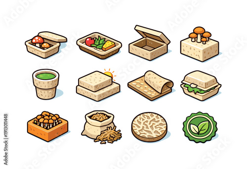 Fungi Bioplastics. Colorful isometric vector icons set of Fungi Bioplastics: mushroom-based packaging, fungal foam tray, biodegradable