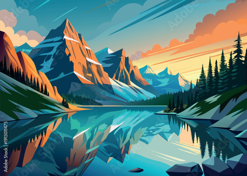 Majestic Mountain Range Reflecting in Calm Lake at Sunset Vector Illustration