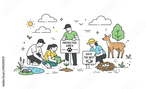 Wildlife conservation teamwork. People planting trees and placing small protection signs near animal habitats, cooperative mood with abstract