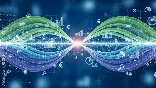 Abstract Digital Waveform with Currency Symbols.
