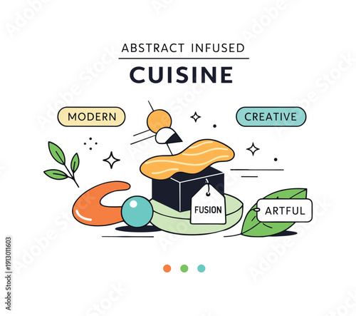 Abstract infused cuisine trend. Food shapes, leaves, and labels arranged into a symbolic composition representing a culinary trend rather