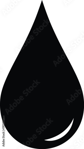 Single black drop falling, minimal flat vector illustration of a liquid droplet, close-up view