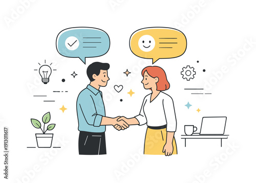 Conflict resolution in the workplace. Employees shaking hands after a constructive conversation, with dialogue bubbles above them. The mood