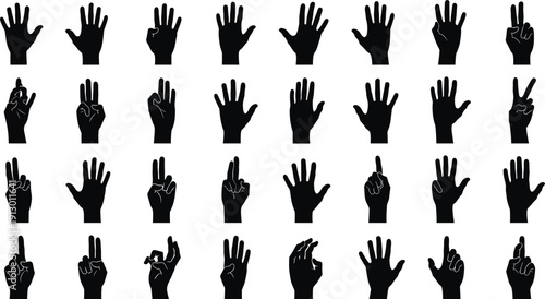 Black hand silhouettes in various gestures on white background hands