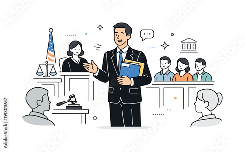 Trial presentation. A courtroom scene with a lawyer holding evidence folders while speaking confidently. The illustration