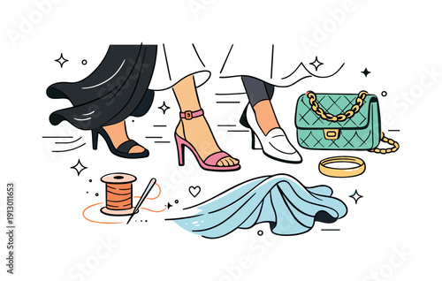 Runway details and fabrics. Close-up editorial scene highlighting flowing fabric, shoes, and accessories in motion on the catwalk, abstract