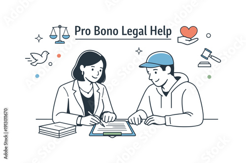Pro bono legal work. A legal professional offers free assistance to individuals seeking justice, reviewing forms together at a table.