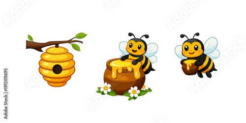 Cute honey bee cartoon set featuring a beehive on a branch, a bee with a large honey pot and flowers, and a flying bee holding a jar. Vector illustration for kids and nature designs.