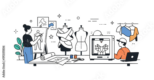 Experimental fashion studio. A creative workspace with mannequins, sketches, and a 3D printer producing avant-garde clothing elements.