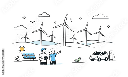 Sustainable energy landscape. Multiple wind turbine blades visible in the distance, creating rhythm and repetition across the scene. Clean