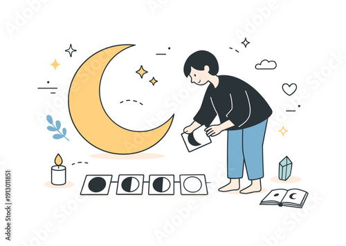 Moon rituals illustration. A simple character standing near a crescent moon, arranging cards or notes inspired by lunar phases. Quiet focus