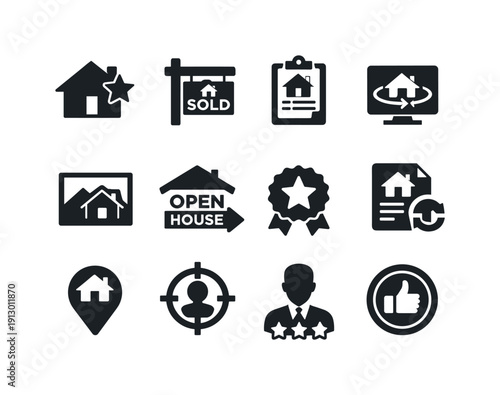 Exclusive Property Listings. Solid icon set of Exclusive Property Listings: featured home, sold sign, listing board, property flyer, virtual