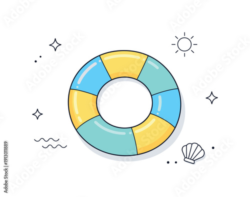 Inflatable ring flat lay minimal. Top view swim ring placed with generous negative space. Easy vacation atmosphere, simplicity and visual