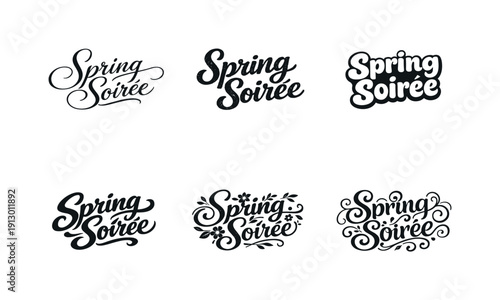 Spring Lettering Styles. Spring soiree text design. Set lettering. harmonious lettering variations of the same emblematic concept, each with different artistic