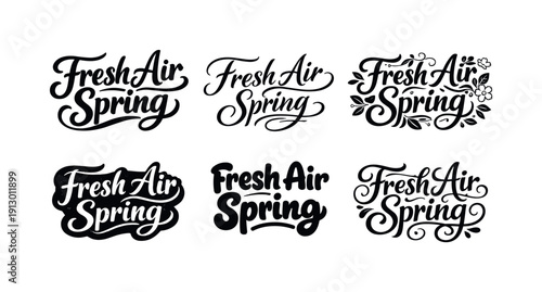 Fresh air spring saying. Set lettering. harmonious lettering variations of the same emblematic concept, each with different