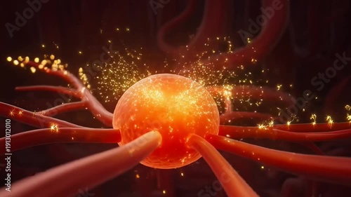 Close up microscopic view of red biological cells interacting with yellow particles in a dark background with soft lighting