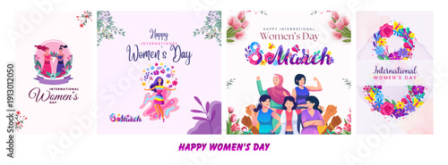 Four distinct International Women's Day designs featuring vibrant graphics, floral elements, and celebratory typography in a collage format.