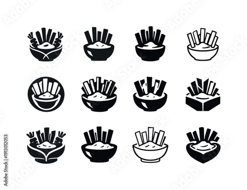 Healthy Snacks Icons. Healthy snacks. Icon set. Set Logo of Healthy snacks: veggie sticks and dip. harmonious logo variations of the same emblematic concept,