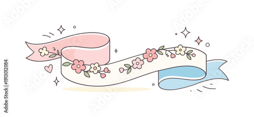 Floral ribbon pastel. A soft pastel ribbon gently curling with small delicate flowers woven along its length. The scene feels romantic, airy,