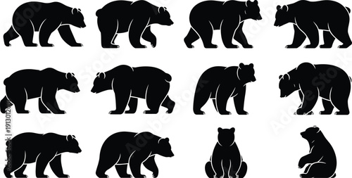 Black bear silhouette collection featuring multiple walking and sitting poses, wildlife animal vector set isolated on white background for nature, forest, and design projects