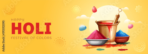 indian religious holi festival creative illustration of holi color, gulal pichkari on yellow abstract background
