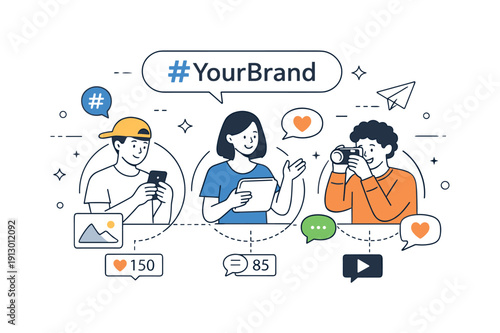 Brand hashtag content. Users contributing posts under a shared hashtag, icons of tags and messages floating in an organized layout.