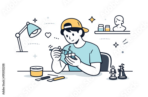 Miniature sculpture workshop. A person seated at a desk, carefully adding clay to a wire frame. The illustration communicates patience,