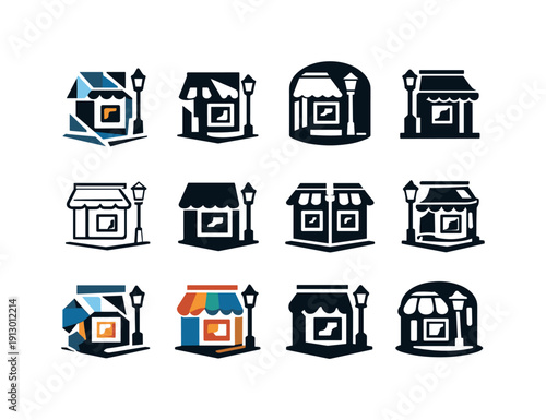 A close-up of a street corner with cafes, art galleries, and street signs. Icon set. Set Logo of A close-up of a street corner with cafes,