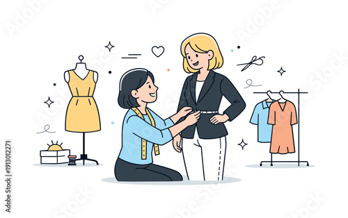 Garment fitting session. A seamstress helping a client try on altered clothing in a studio. Friendly interaction, trust and professional