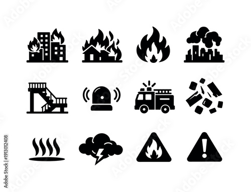 Urban Fire Disaster. Solid icon set of Urban Fire Disaster: city building fire, engulfed structure, flame burst, smoke skyline, fire escape