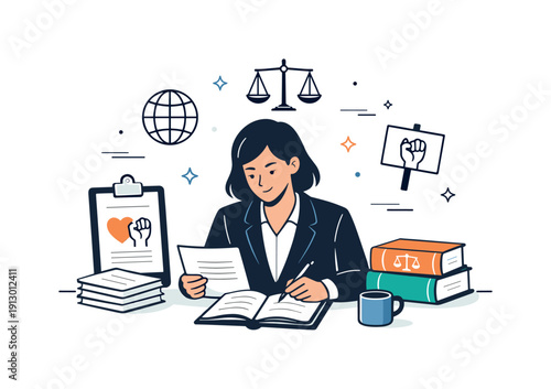 The role of legal professionals in societal justice movements. A lawyer reviews case documents and legal texts connected to social causes,