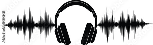 Black headphones on white background with sound wave audio music