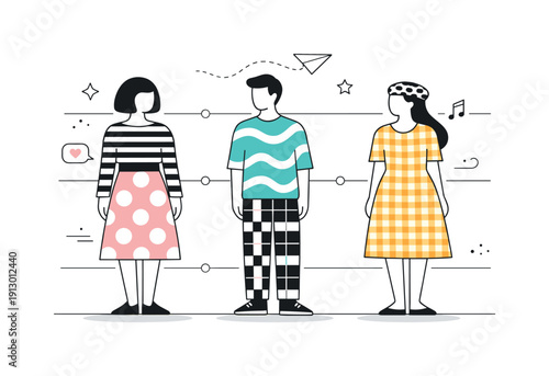 Pattern contrast and balance. Abstract editorial scene focusing on contrasting patterns arranged across clothing silhouettes, visual harmony