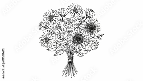 Black and White Illustration of Flowers.