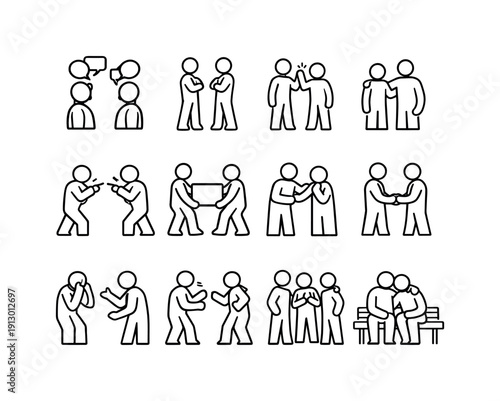Character Interaction Icons. Character interaction storytelling. Line icon set of Character interaction storytelling: two characters talking, confrontation