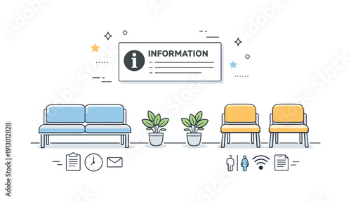 Public service waiting area. Benches and chairs arranged symmetrically, information sign on the wall, no people present. Editorial scene