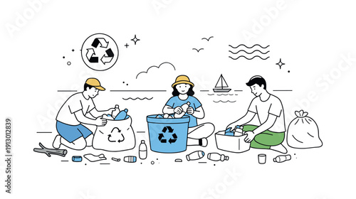 Protecting oceans from plastic. People sorting collected plastic waste on a shoreline, calm collaboration and responsibility. Simple icons of