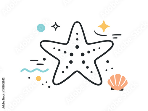 Coastal starfish icon. Minimal starfish combined with small abstract dots and lines. Light decorative scene inspired by the sea. Minimalist