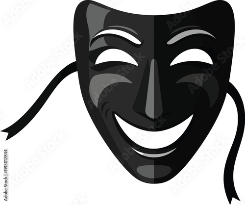 Theater mask illustration on white, minimal flat vector, comedy tragedy face symbol