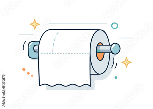 Minimalist Toilet Paper Design. Bathroom essentials. A toilet paper roll on a simple holder with minimal wall lines suggested behind. The mood is practical,