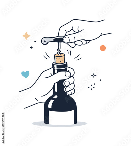 Opening a wine bottle. Hands carefully pulling a cork from a wine bottle with a corkscrew, slow controlled action and relaxed atmosphere.