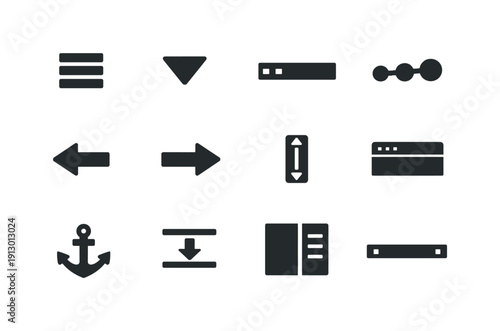 Website Navigation. Solid icon set of Website Navigation: menu hamburger, dropdown arrow, navigation bar, breadcrumb trail, back arrow,