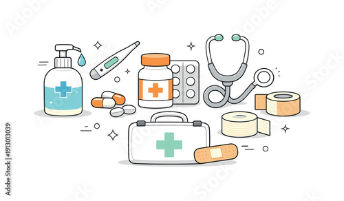 Medical care essentials. A minimal collection of healthcare supplies presented clearly, focusing on cleanliness and simplicity. Soft shapes