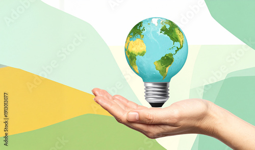 hand holding light bulb with earth. Earth Day. Renewable Energy. Hand holding a light bulb in shape of a Green world on the light bulb on contrast graphic minimal background.