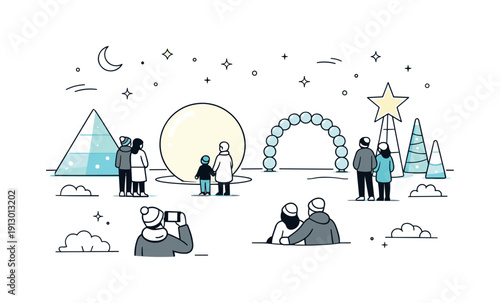 Outdoor light installation. Visitors admiring large glowing shapes and light sculptures arranged in an open space. Wonder, visual delight,