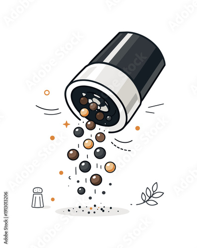 Pepper grinder. Detailed view of pepper grains falling from a grinder, captured mid-motion. Simple culinary action highlighted with clean