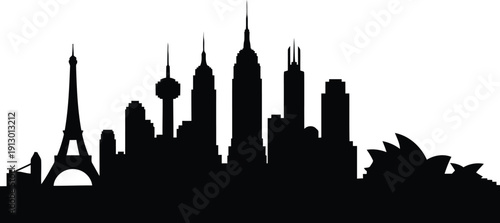 Vector black silhouette of famous world city skylines including Paris, New York, and Sydney landmarks, isolated on transparent background.