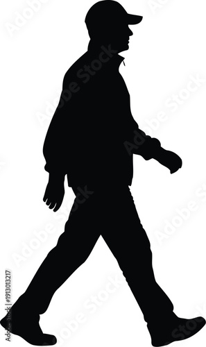 Vector silhouette of a man walking in profile, wearing a baseball cap and casual jacket, isolated on a white background for graphic resources.