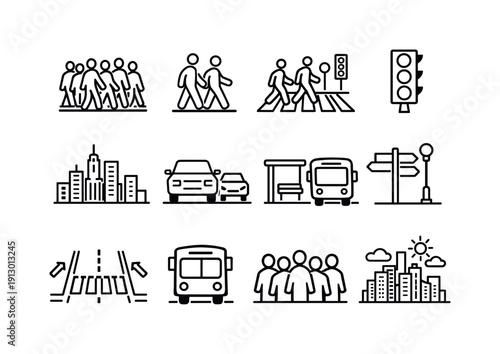 Urban Street Icons. Busy Street. Line icon set of Busy Street: crowded sidewalk, pedestrians walking, street crossing, traffic lights, city buildings, cars
