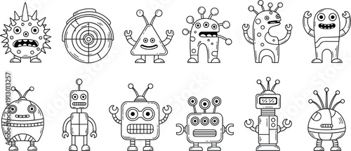 Cute alien and robot outline vector set featuring cartoon sci fi characters mascot illustration isolated black white collection for logo design